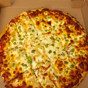 company logo of eagle "Venus, The best pizza in town!" with greek style golden frame