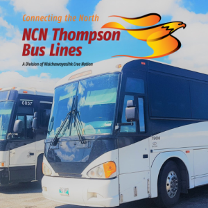 Two large buses with the logo in the sky