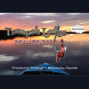 Canoe on the lake with the company logo, phone number: 204-472-3889, and address