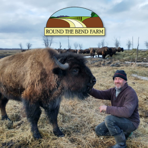 Shawn is caring for a bison in the field in spring with their company logo in the sky