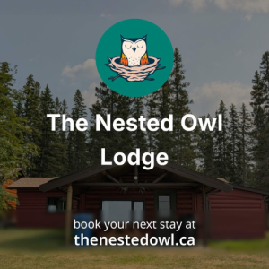 The Nested Owl Lodge logo and booking details with lodge in the background