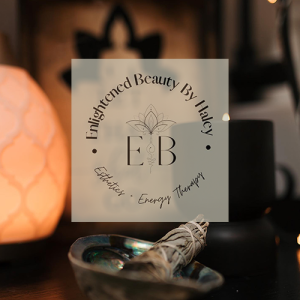 Gentle light from an essential oils diffuser and sage burning in a shell background with the company logo