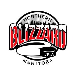 "Northern Manitoba Blizzard Jr. A" logo that has a northern lights grey gradient, black forest background with snow-capped "Blizzard", and a hockey puck with "Jr.A" coming toward us.