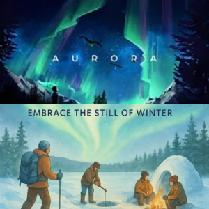Aurora logo with event cover art of people camping in winter, "Embrace the Still of Winter".