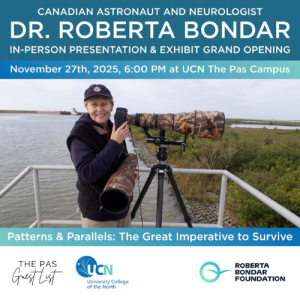 Dr. Roberta Bondar (Canadian astronaut and neurologist) smiling with long-range cameras set up in a march, ready to take photos. Sponsored by The Pas Guest List, UCN and Roberta Bondar Foundation.